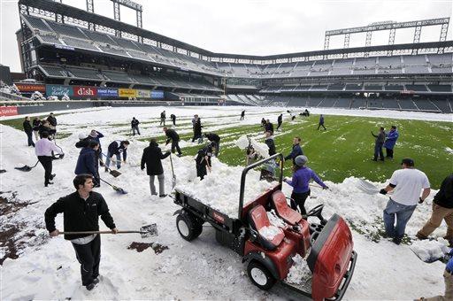 Snow at Baseball Stadiums - Coors Field Opening Day Snow