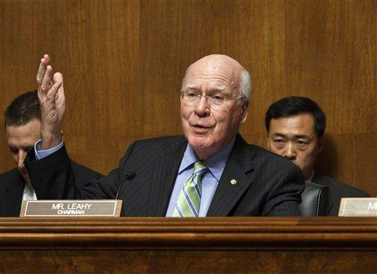 FILE - In this May 16, 2012 file photo, Senate Judiciary Committee Chairman Sen. Patrick Leahy, D-Vt. gestures during a committee hearing on Capitol Hill in Washington. The Senate on Tuesday is expected to put aside its partisan divisions to approve a renewal of the Violence Against Women Act, a law credited with protecting millions of victims of domestic violence over its 20-year history. (AP Photo/J. Scott Applewhite)