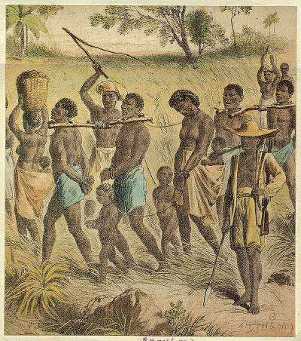 This is an undated photo of an illustrated depiction of slaves in captivity. (AP Photo)