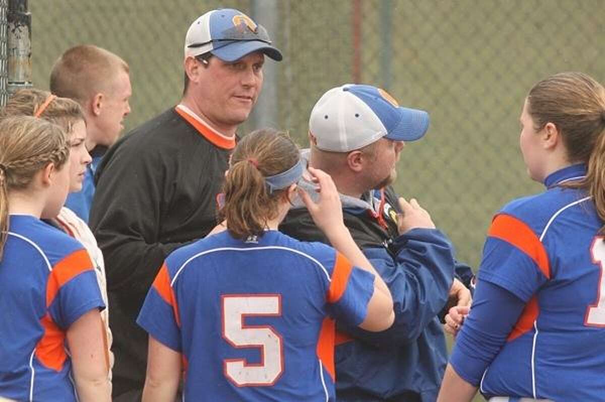 PHOTO BY JOHN HAEGER @ONEIDAPHOTO ON TWITTER - ONEIDA DAILY DISPATCH Oneida coaches Mike Curro and Jason Fuller talk to the team during a game against Herkimer.