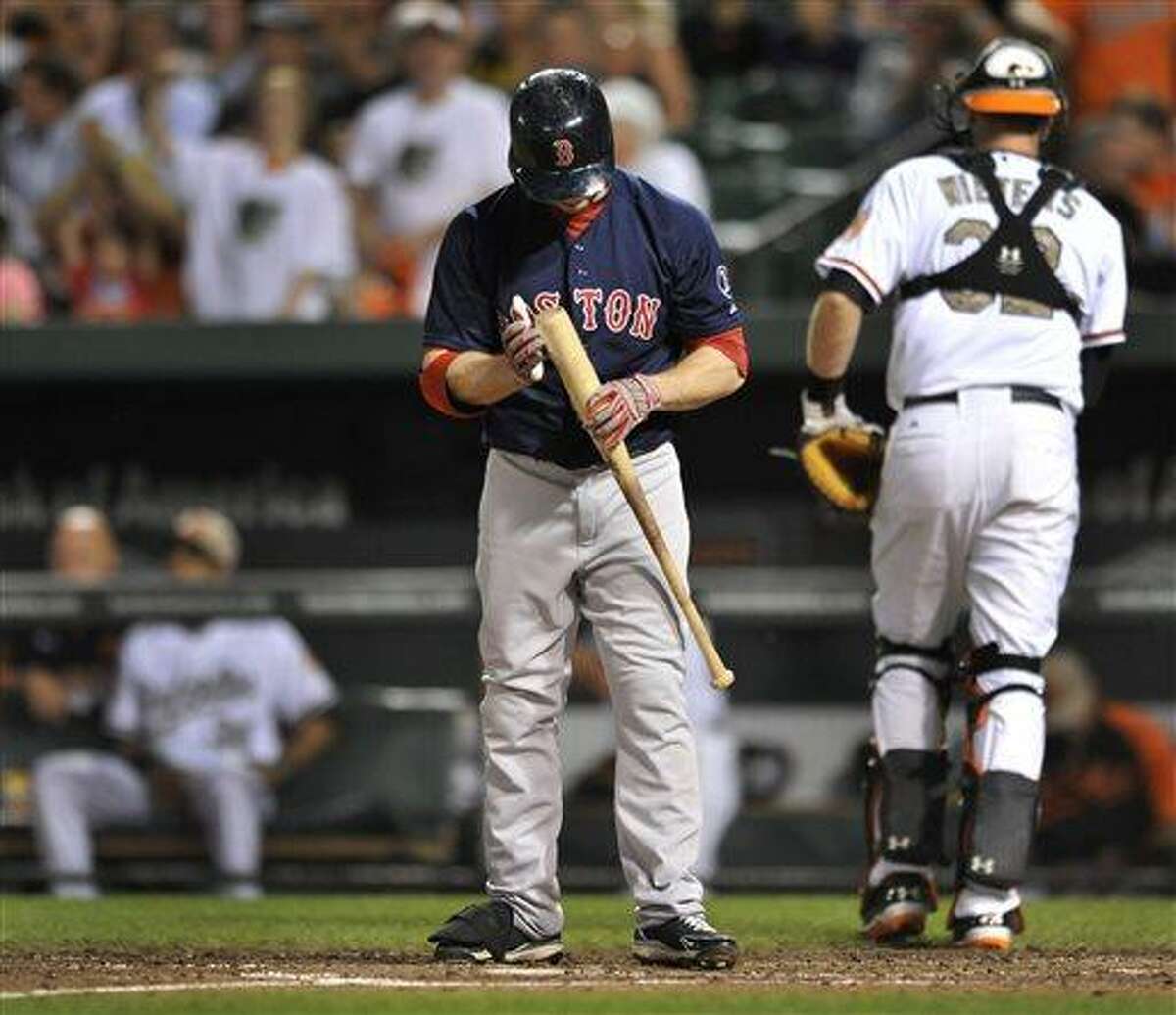 Boston Red Sox's Daniel Nava reacts after striking out against the Baltimore Orioles in the sixth inning of a baseball game, Friday, June 14, 2013, in Baltimore. The Orioles won 2-0. (AP Photo/Gail Burton)