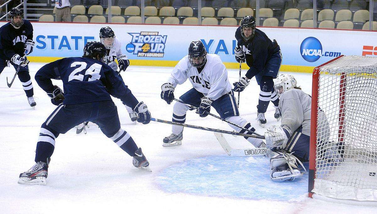 Pittsburg, PA-- Yale during a practice at the Consol Energy Center in Pittsburg, PA as they prepare for the Frozen Four finals. Photo-Peter Casolino/Register pcasolino@newhavenregister.com