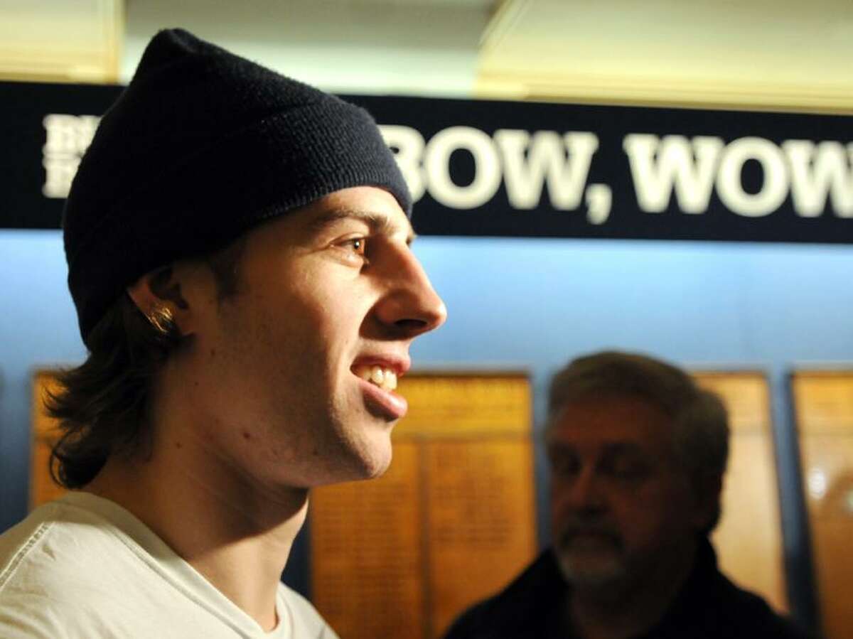 Yale University hockey player Jesse Root, right after a press conference at Yale's Ingalls Rink Thursday, April 4, 2013. The Yale hockey team is traveling to the Frozen Four NCAA Hockey Championship in Pittsburg. Photo by Peter Hvizdak / New Haven Register.