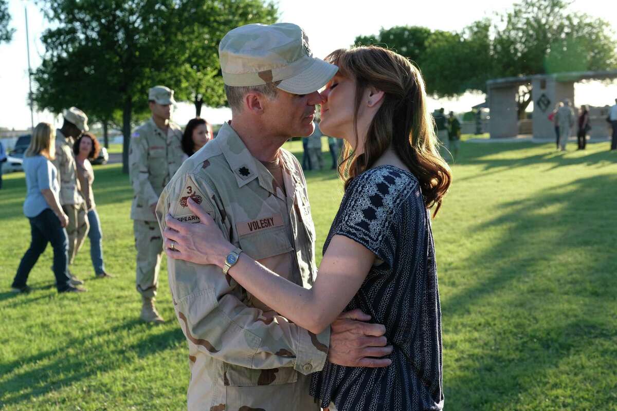Lt. Col. Gary Volesky (Michael Kelly) bids farewell to his wife, LeAnn (Sarah Wayne Callies) at Fort Hood before heading to a peacekeeping mission in Iraq that turns deadly in “The Long Road Home.”