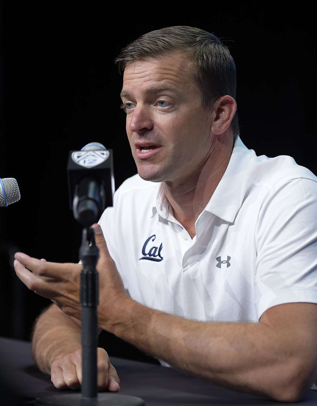 Cal head coach Justin Wilcox speaks at Pac-12 NCAA college football Media Day, Wednesday, July 26, 2017, in the Hollywood section of Los Angeles. (AP Photo/Mark J. Terrill)