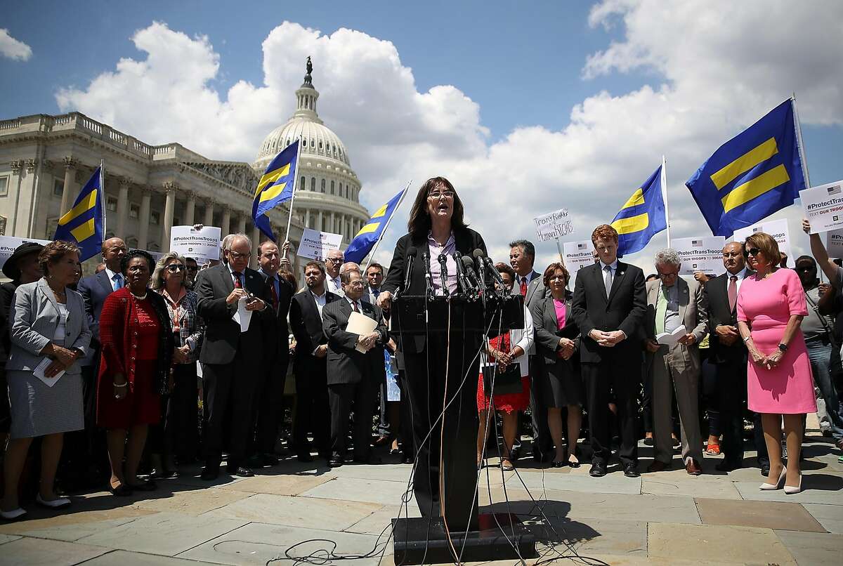 WASHINGTON, DC - JULY 26: Mara Keisling, executive director of the National Center for Transgender Equality, speaks during a press conference condemning the new ban on transgendered servicemembers on July 26, 2017 in Washington, DC. U.S. Rep. Joe Kennedy held a news conference with members of the House leadership and the LGBT Equality Caucus to denounce the decision by U.S. President Donald Trump to ban transgendered servicemembers. (Photo by Justin Sullivan/Getty Images)