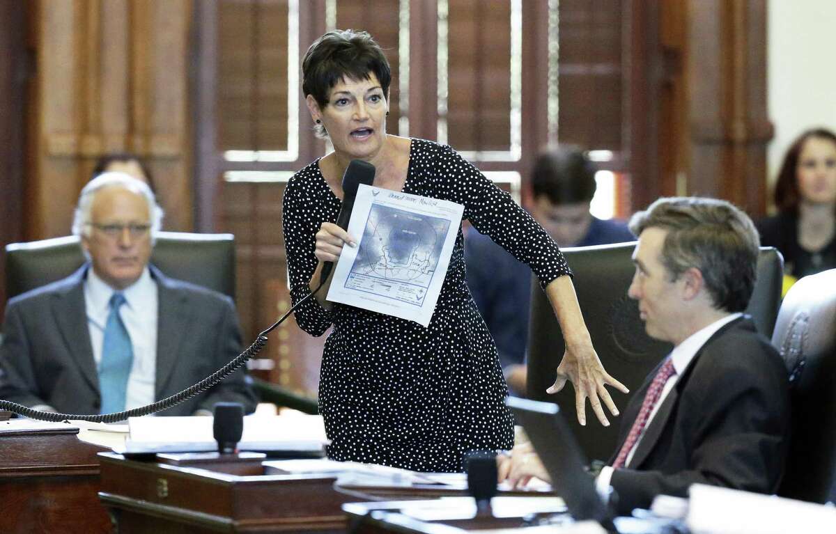 Senator Donna Campbell, R-New Braunfels, uses a map of the Camp Bullis area as she defends her annexation bill during the special session on July 26, 2017.