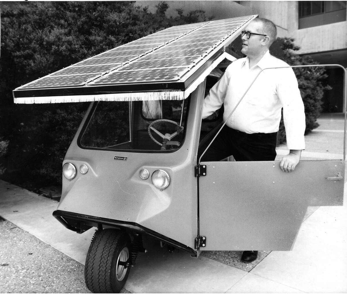 Guy Armantrout, a scientist at the Lawrence Livermore Laboratory, uses this solar surrey in 1978 to test the reliability of various solar cells.