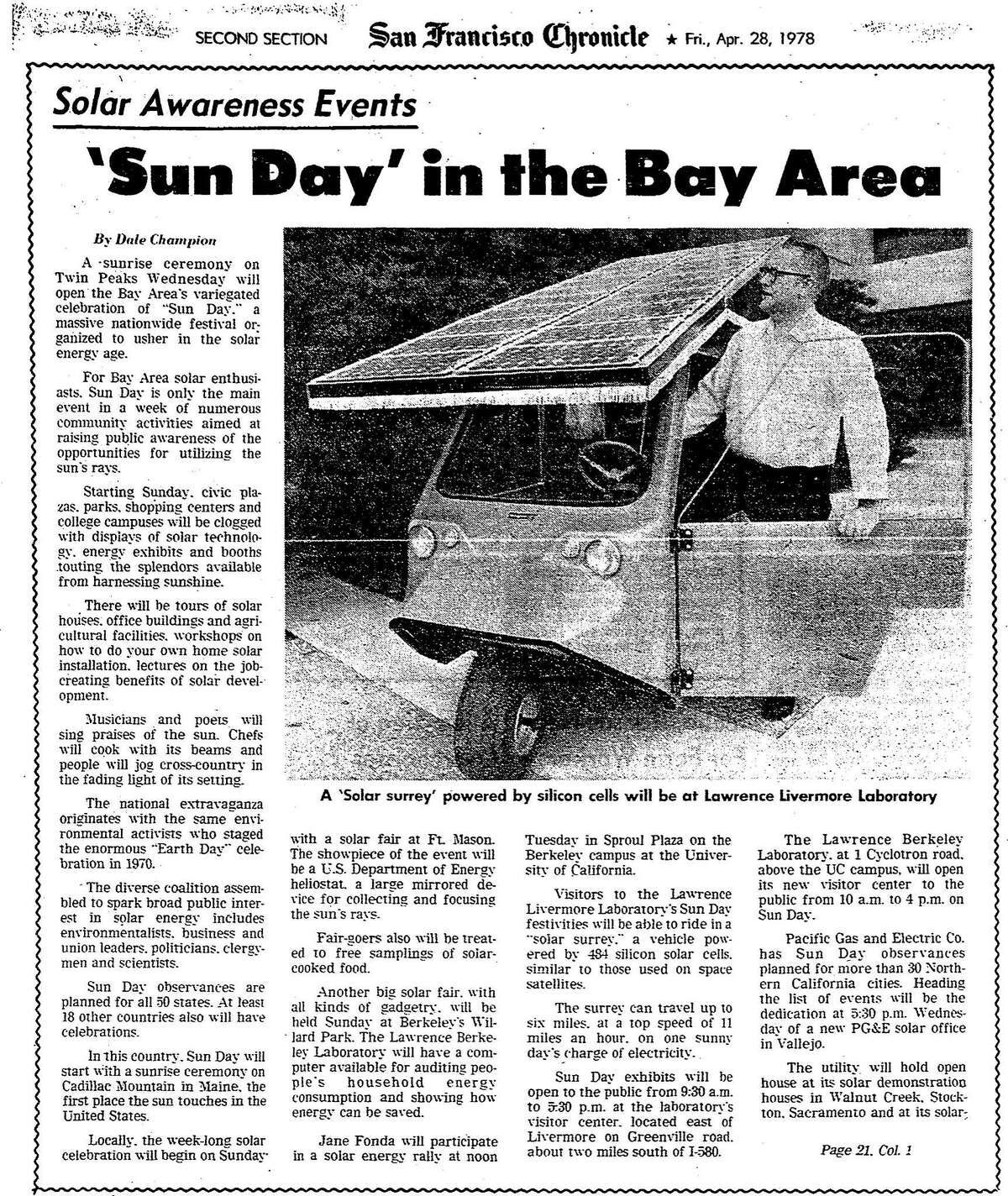 1978年4月28日《纪事报》关于即将到来的星期日庆祝活动的文章。活动包括演讲和太阳能示范
