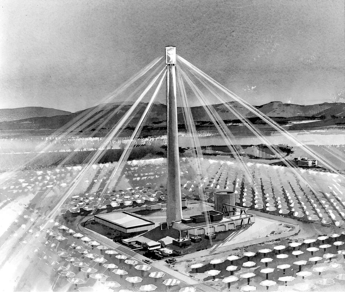 莫哈韦沙漠拟建的太阳能发电厂的图纸图片刊登于1977年1月13日，53页讲义