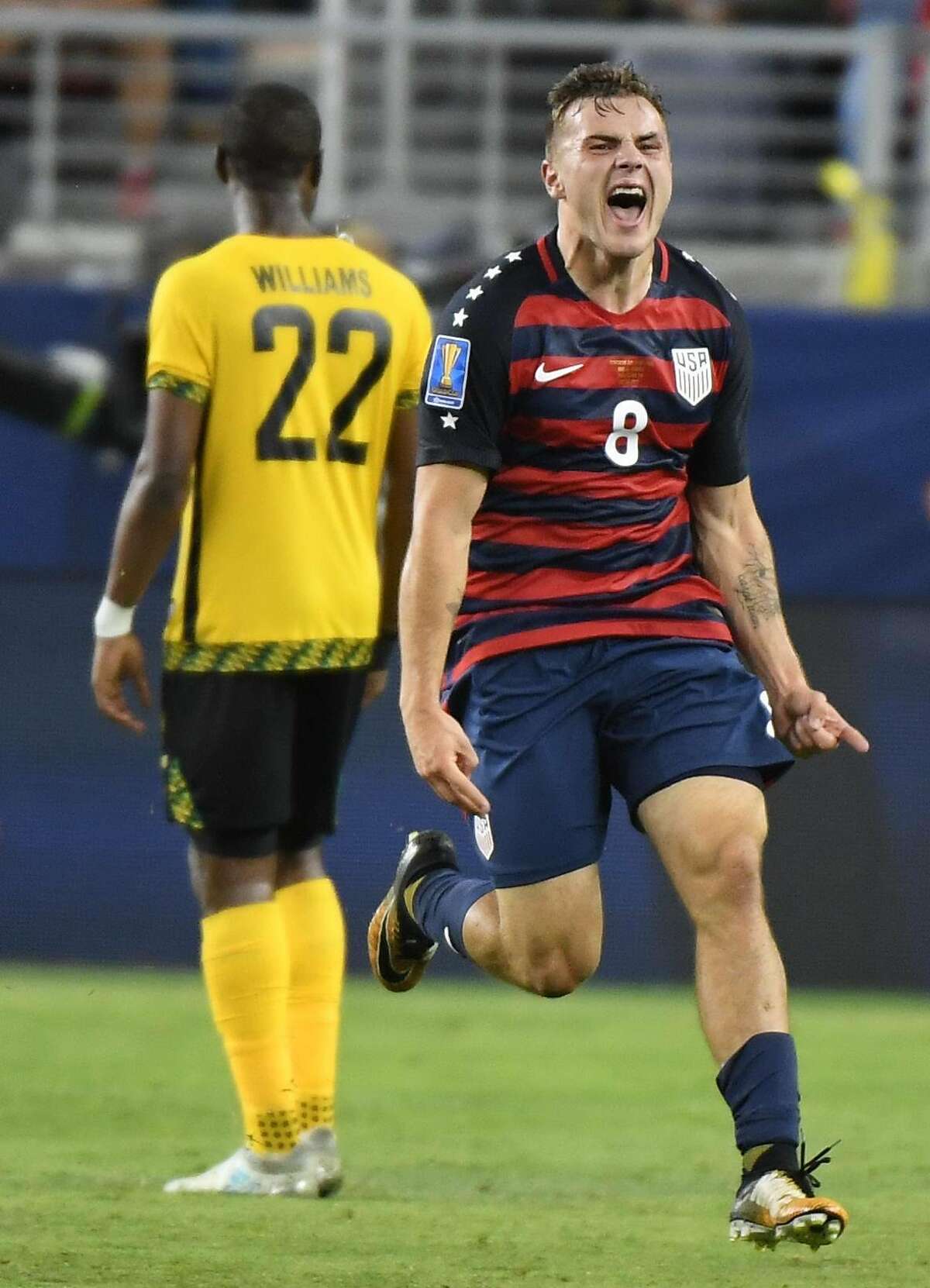 Jordan Morris of the USA celebrates scoring a goal against Jamaica during the final football game of the 2017 CONCACAF Gold Cup at the Levi's Stadium in Santa Clara, California on July 26, 2017. / AFP PHOTO / Mark RALSTONMARK RALSTON/AFP/Getty Images