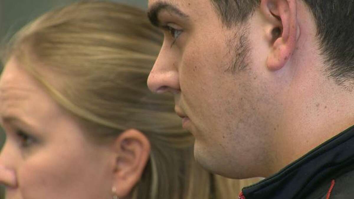 Michael P. Brown during his arraignment in Bantam Superior Court in mid-April, with his attorney Kathleen E. Rallo in the background. (Photo courtesy of WTNH News 8)