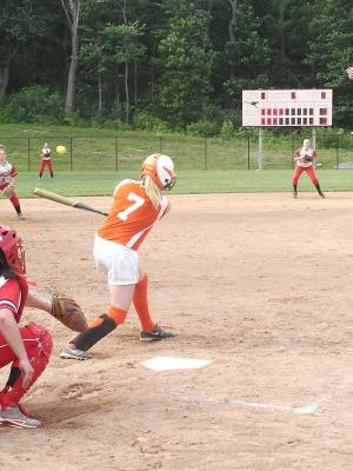 KEVIN D. ROBERTS/Register Citizen Terryville's Angel Katiewicz fouls off a pitch during Tuesday afternoon's Class S first round softball game against Wamogo at Terryville High School. The Kangaroos lost 1-0.