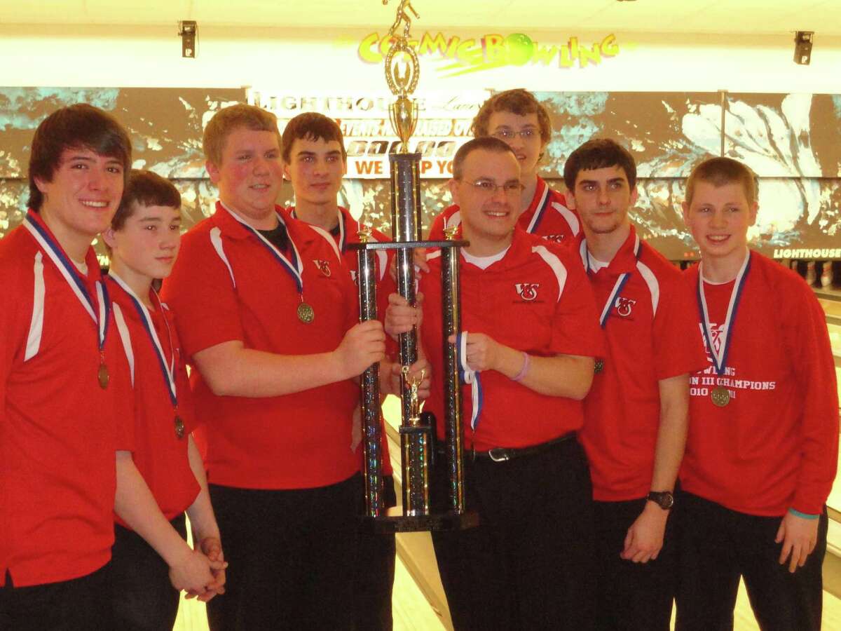 Submitted Photo VVS' boys bowling team poses with coach David Hyle after winning first-place at the MLK Day tournament in Oswego Monday, Jan. 16, 2012. The team is, from left, Nathan Desnoyers, Brendan Thomas, Brad Long, Collin Laguzza, coach Hyle, Jeremy Howard, Tristan Tormey and James Neverette.
