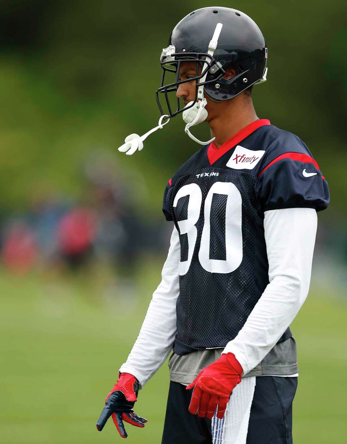 Houston Texans cornerback Kevin Johnson (30) stands on the field during training camp at the Greenbrier on Thursday, July 27, 2017, in White Sulphur Springs, W.Va.