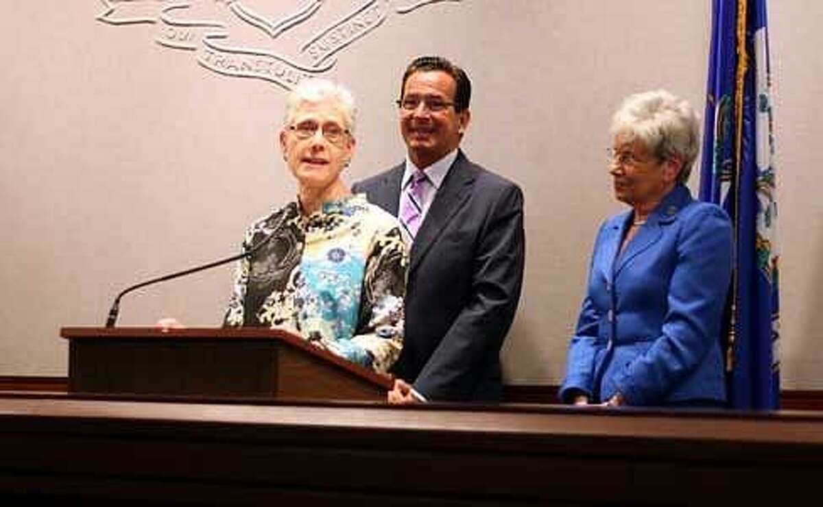 Terry Edelstein stands with Gov. Dannel P. Malloy and Lt. Gov. Nancy Wyman at a press conference announcing her appointment Christine Stuart photo
