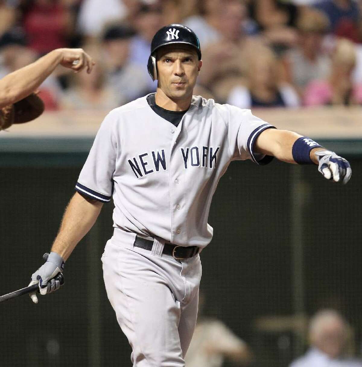 ASSOCIATED PRESS New York Yankees' Raul Ibanez reacts after striking out against Cleveland Indians relief pitcher Chris Perez in the ninth inning of Saturday night's game in Cleveland. The Yankees lost 3-1.