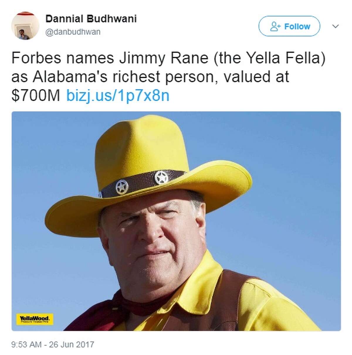 Alabama Jimmy Rane, $700 million Image source: Twitter