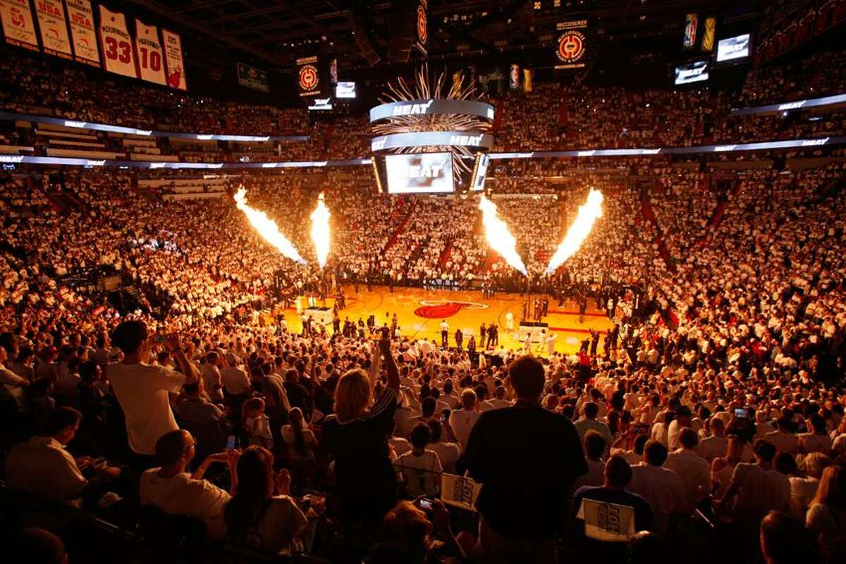 The Miami Heat and Oklahoma City Thunder are introduced at Game 4 of the NBA finals basketball series, Tuesday, June 19, 2012, in Miami. (AP Photo/Wilfredo Lee)