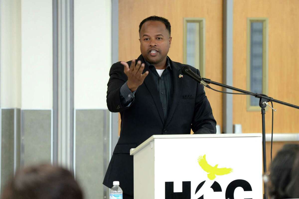 State Representative Ron Reynolds addresses participants during a panel discussion regarding single member districts for the Ft. Bend ISD Board of Trustees at the Houston Community College, Stafford, TX on June 22, 2017.