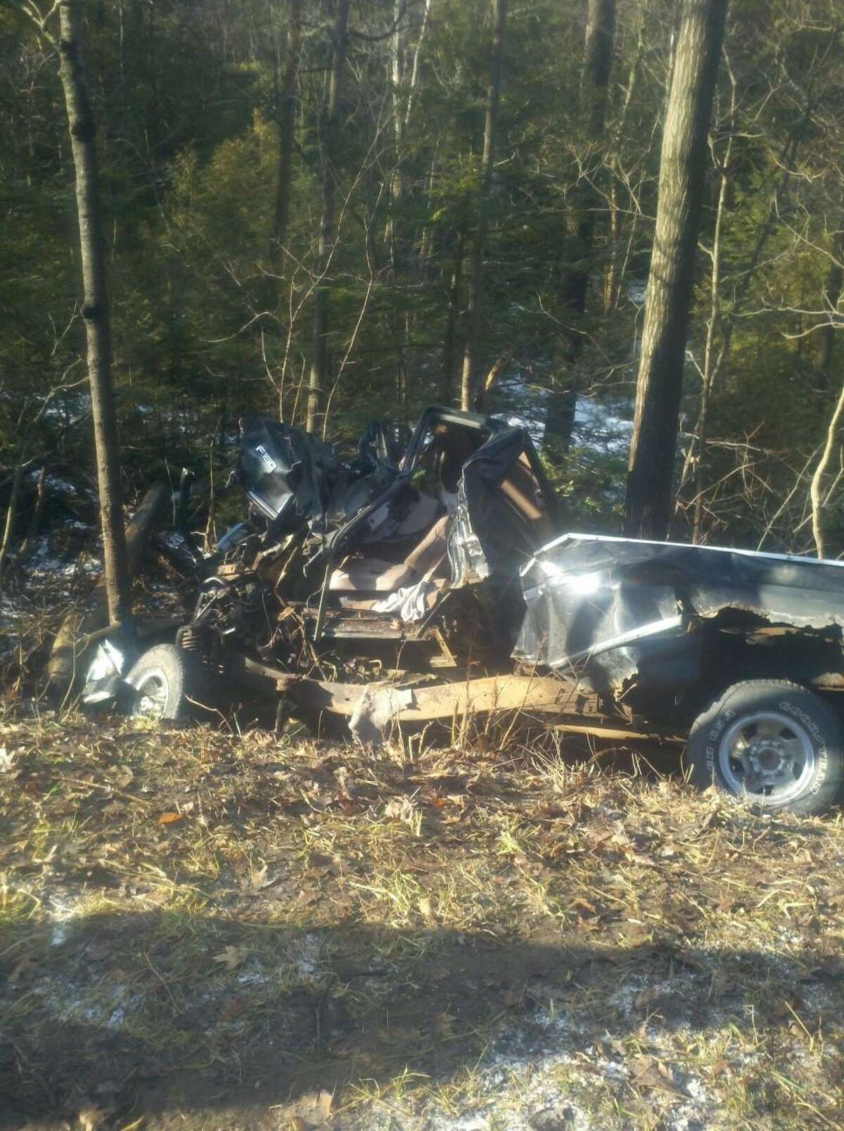 The pickup truck crashed into trees off Swamp Road in Eaton (Photo courtesy Madison County Sheriff's Department)