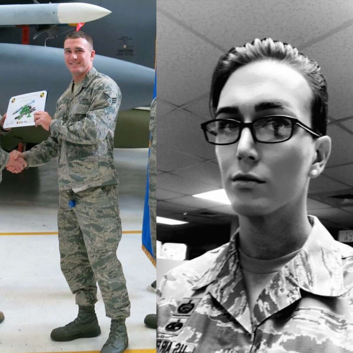 Jamie Hash is a transgender member of the Air Force stationed at Randolph Air Force Base. She entered the Air Force as a man, left, and has spent the past year living and working as a woman. 