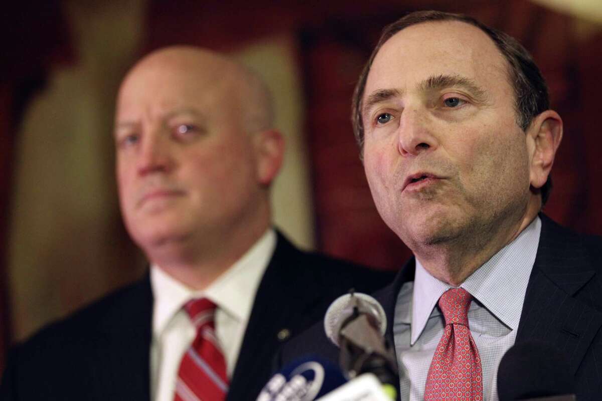 NHL commissioner Gary Bettman, right, and deputy commissioner Bill Daly and speak to reporters on Thursday, Dec. 6, 2012, in New York. The NHL has rejected the players' latest offer for a labor deal and negotiations have broken off at least until the weekend. (AP Photo/Mary Altaffer)