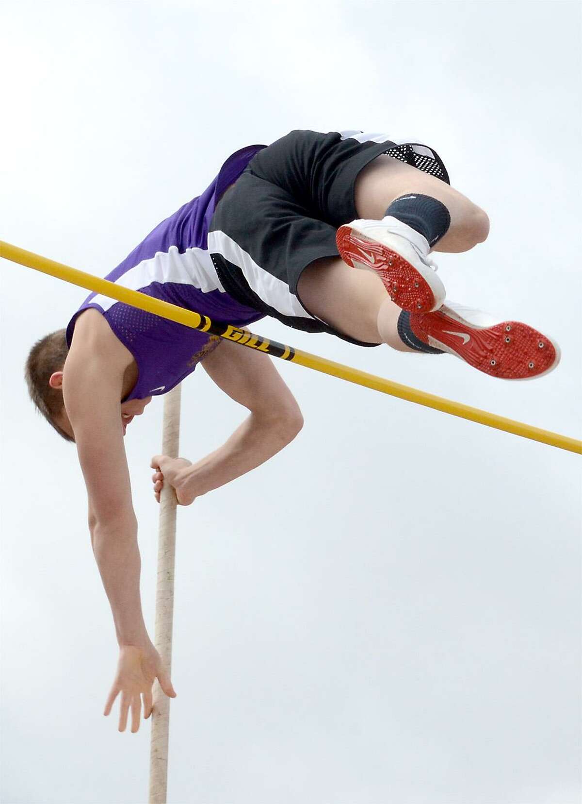 Dispatch Staff Photo by DAVID M. JOHNSON Holland Patent's Elliot Connor took first place in the pole vault at the boys track and field Tri-Valley League Relays at Oneida on Wednesday. The hosts won the meet with 108.5 points. Proctor was second with 83 and HP was next with 72.