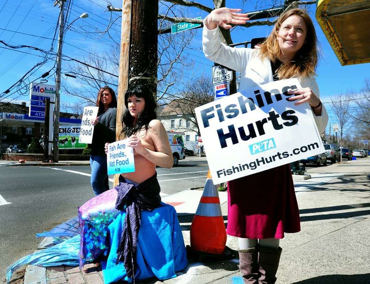 (Left to right) Ryan Gallo of Meriden, Melissa Sehgal of Boston dressed as a topless mermaid and PETA campaigner Lauren Stroyeck protest against eating fish at State and Humphrey streets in New Haven on Tuesday. Photo by Arnold Gold/New Haven Register