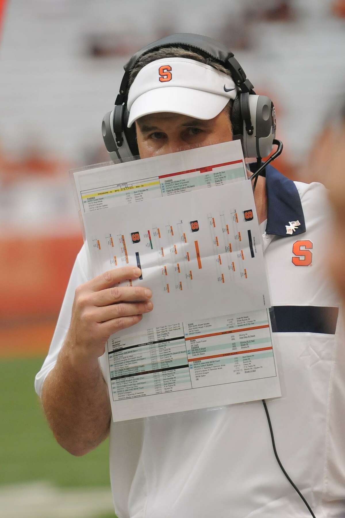 Syracuse coach Doug Marrone calls in a play against Rhode Island during an NCAA college football at the Carrier Dome in Syracuse, N.Y. on Saturday, Sept. 10, 2011. (AP Photo/Steve Jacobs)