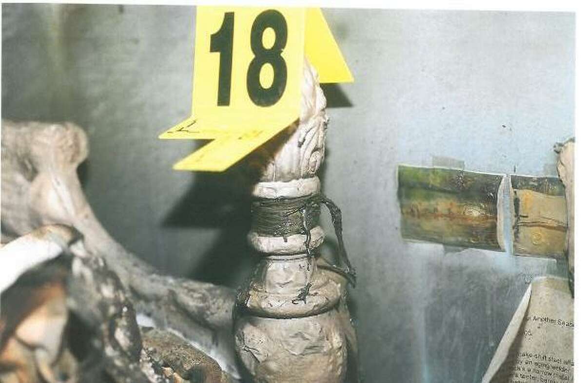 An evidence photo showing a bedpost in the burned bedroom of Hayley Petit. (Connecticut State Judicial Branch)