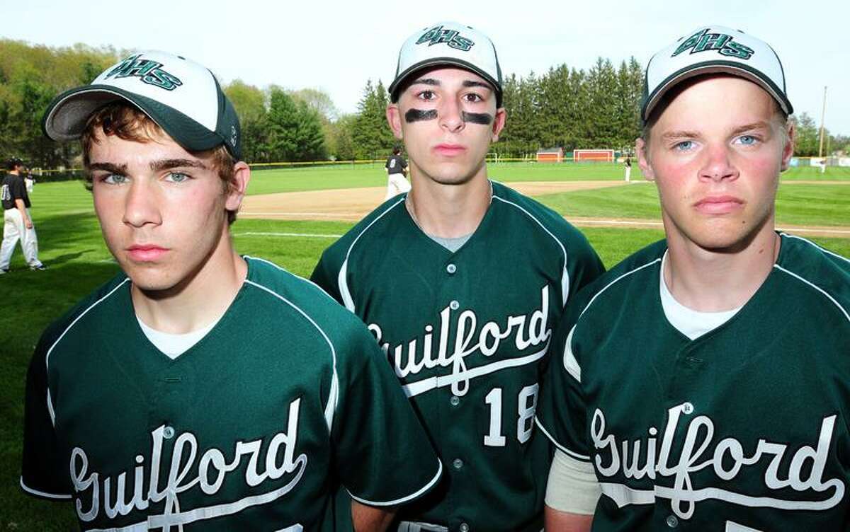 Guilford baseball captains (left to right) Jake Battipaglia, Mike Juliano and Chris Stockmann. Arnold Gold/New Haven Register