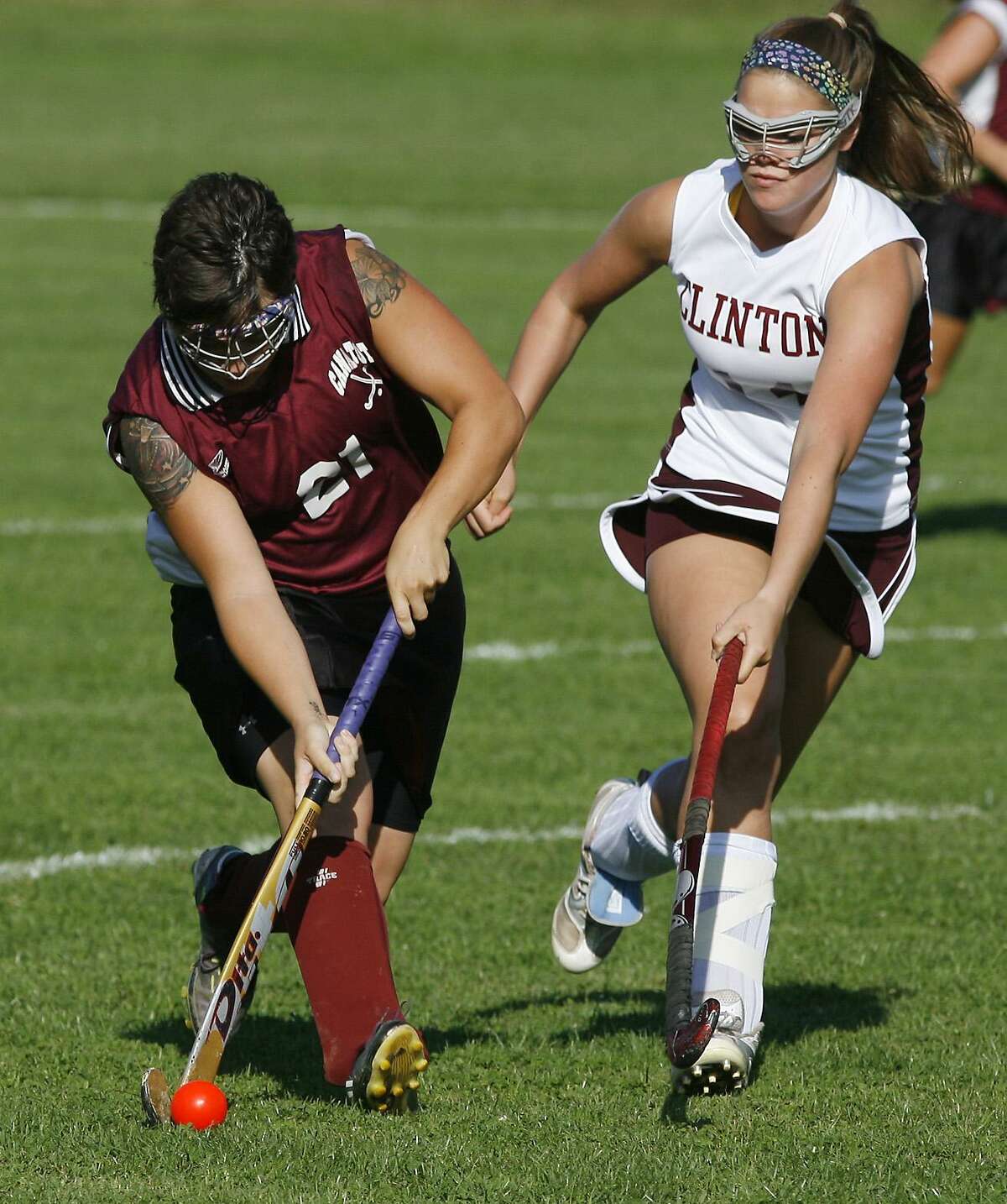 Dispatch Staff Photo by JOHN HAEGERtwitter.com/oneidaphotoCanastota's Kissandra Blasier (21) makes a run down field as Clinton's Emily Vicks (14) moves into defend in the first half of the match in Clinton on Friday, Sept. 9, 2011.