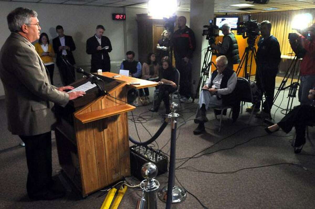Hartford: Jeffrey Butler, CL&P president and COO addresses the press during one of two daily briefings over the state's power outage due to an October snow storm. Photo by Mara Lavitt/New Haven Register11/4/11
