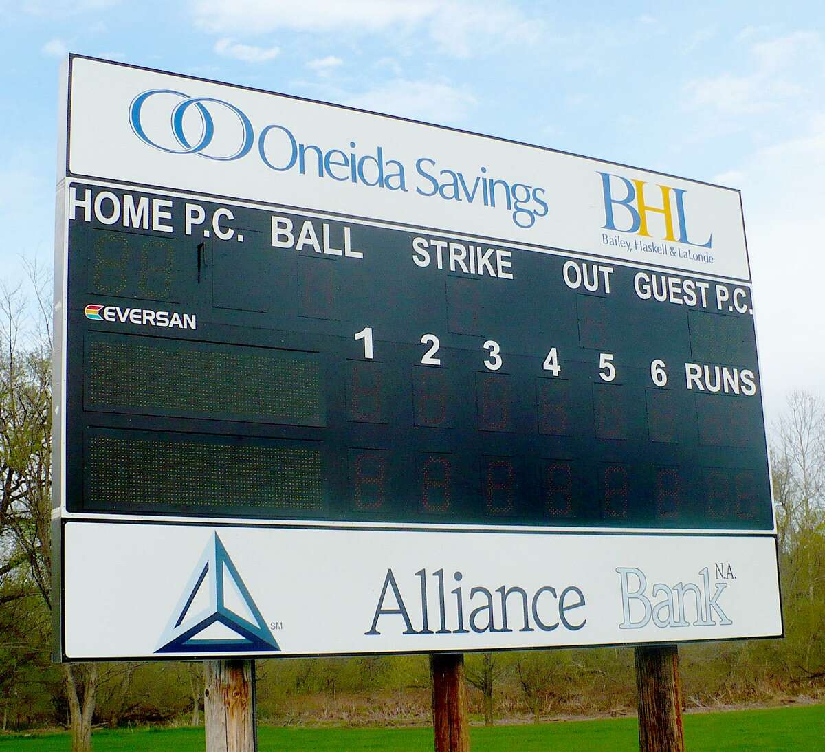Dispatch Staff Photo by DAVID M. JOHNSON Oneida Little League's new scoreboard at Maxwell field uses low-energy LED lights and has a place for the home and visiting teams to write their names. The sponsors, however, remain the same.