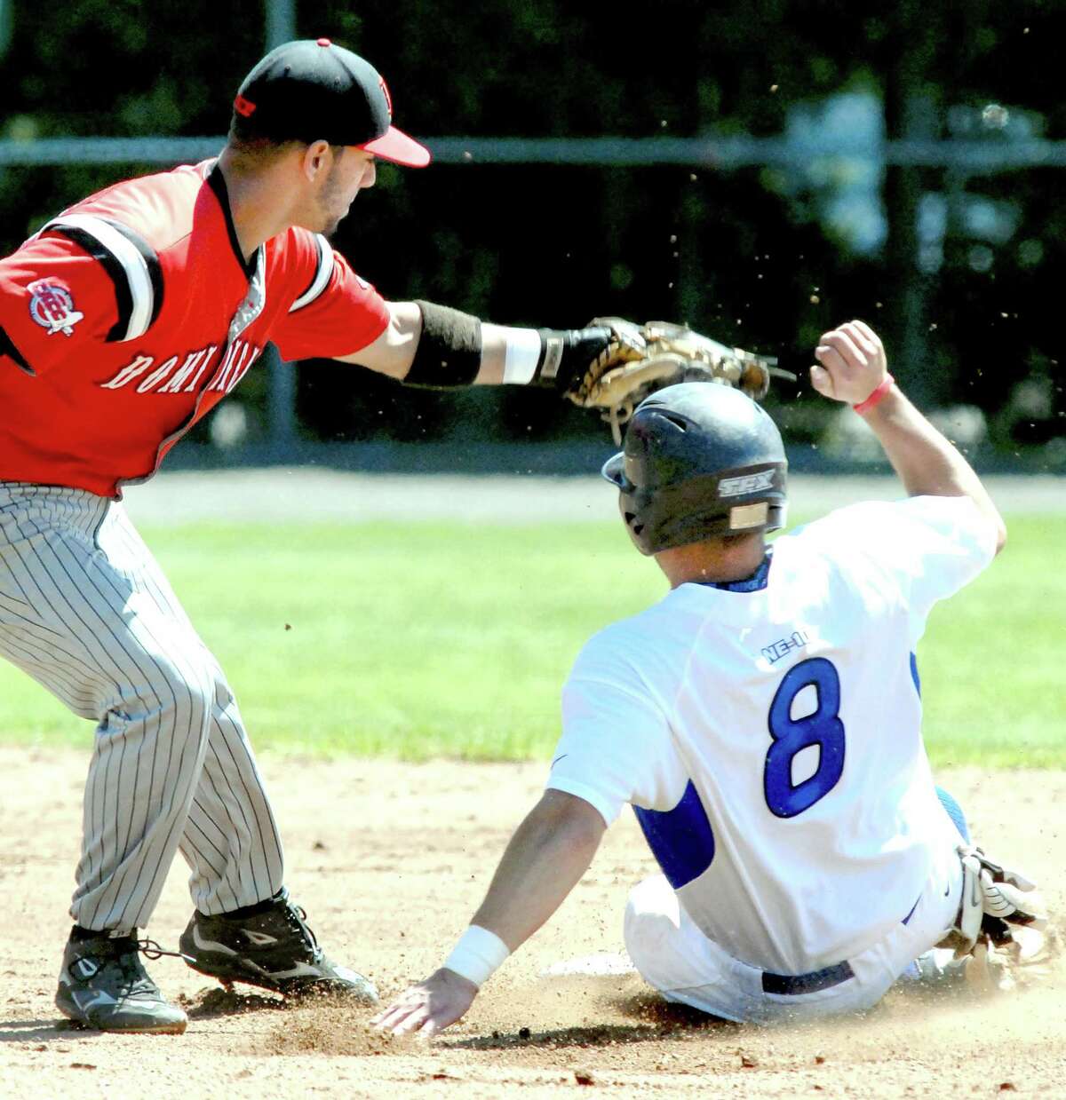 SCSU's Nick DeProspo is tagged out while attempting to steal second base on Thursday.