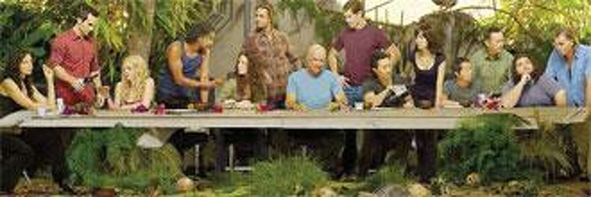'Lost' stars Zuleikha Robinson as Ilana, left, Nestor Carbonell as Richard Alpert, Emilie de Ravin as Claire, Naveen Andrews as Sayid, Evangeline Lilly as Kate, Josh Holloway as Sawyer, Terry O'Quinn as Locke, Matthew Fox as Jack, Daniel Dae Kim as Jin, Yunjin Kim as Sun, Ken Leung as Miles, Michael Emerson as Ben, Jorge Garcia as Hurley and Jeff Fahey as Frank Lapidus. The series begins its finale season with "Lost: Final Chapter" at 8 p.m Tuesday on ABC. (Bob D'Amico/ABC )