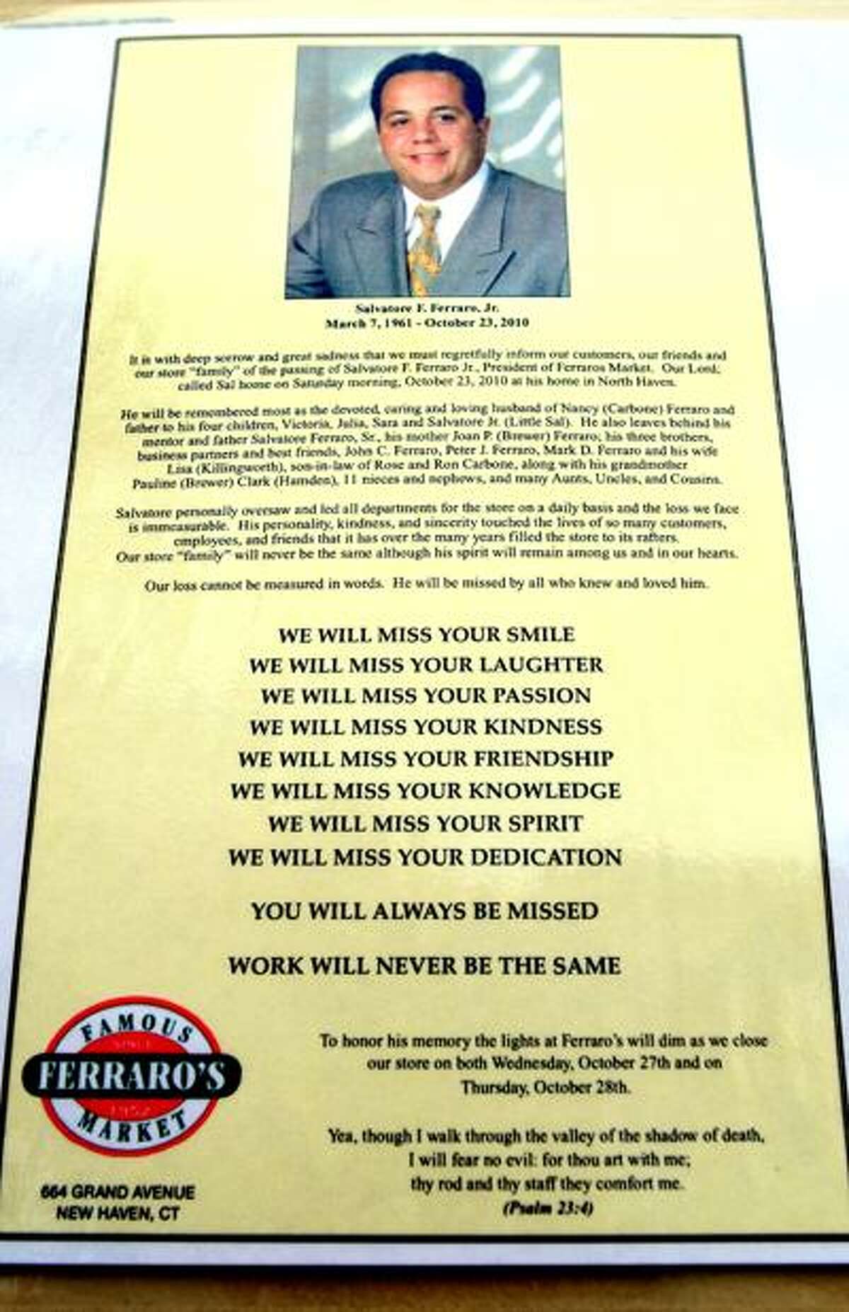 Customers, workers mourn passing of Salvatore F. Ferraro Jr.