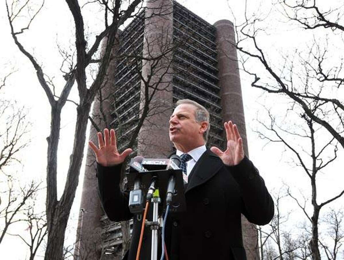 New Haven-- Attorney Jeffrey Herman speaks in outside the Knights of Columbus Headquarters in New Haven about sexual allegations from two former youths in the Knights of Columbus Columbian Squires program. Photo by Peter Casolino/New Haven Register 12/14/10 Cas101214