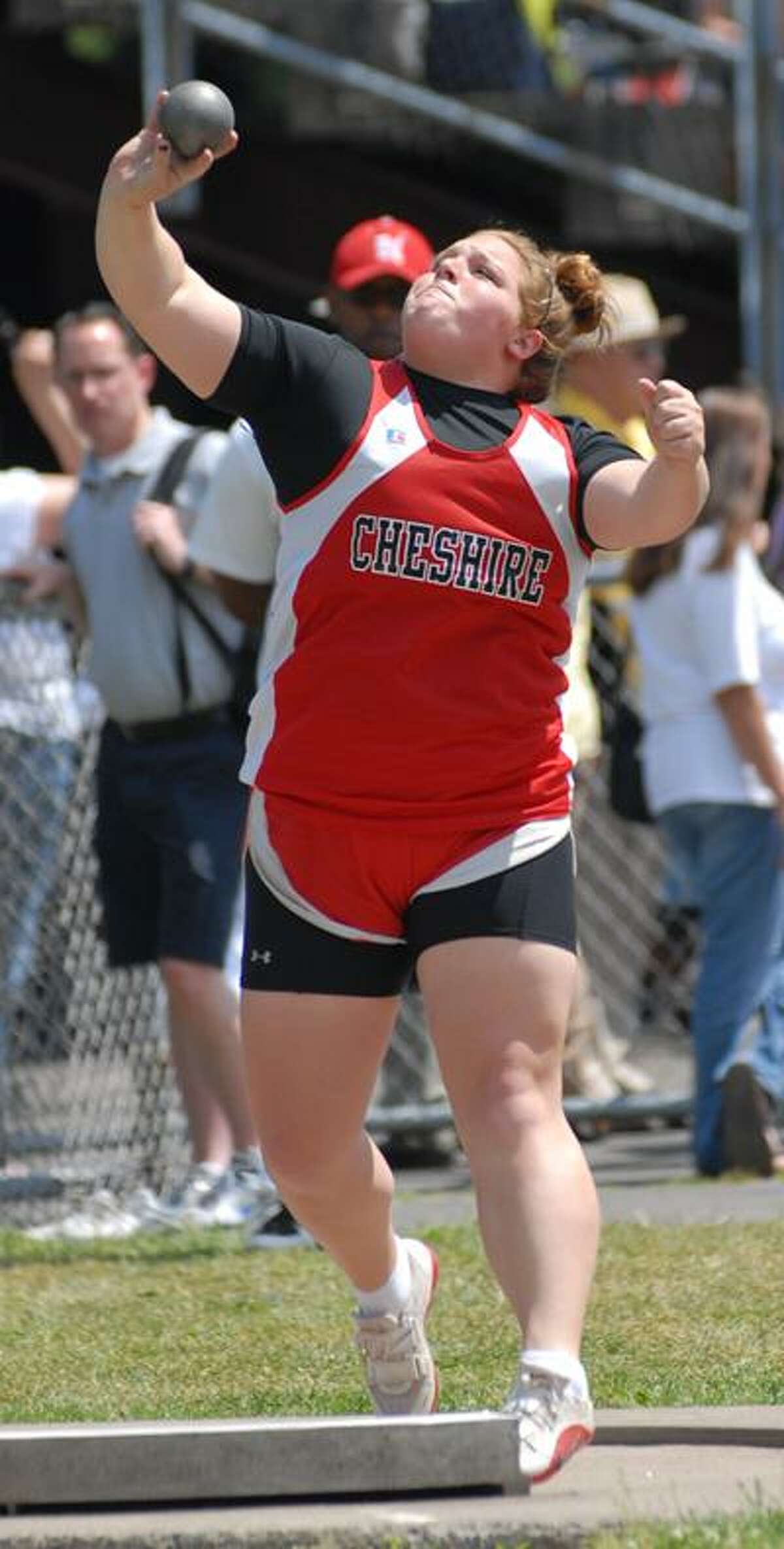 Photography by PETER HVIZDAK ph2103 #1876New Britain, Connecticut- June 7, 2010: Rachel Aliotta of Cheshire High School throws the shot put a distance of 43 feet, 5.5 inches for the CIAC State Open Championship Monday at Veterans' Stadium New Britain.