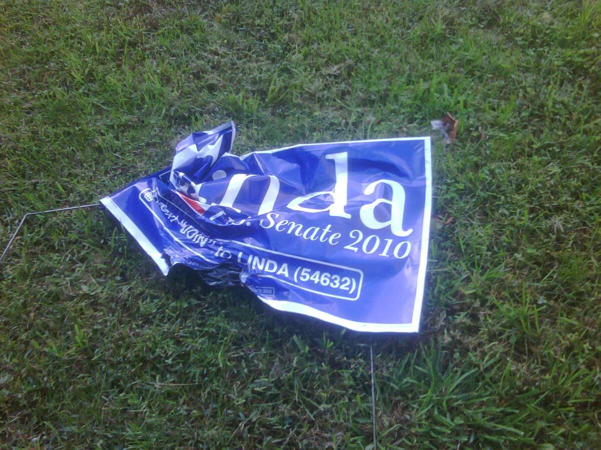 A sign crumpled up on the lawn of New Haven Alderman Darnell Goldson Contributed photo