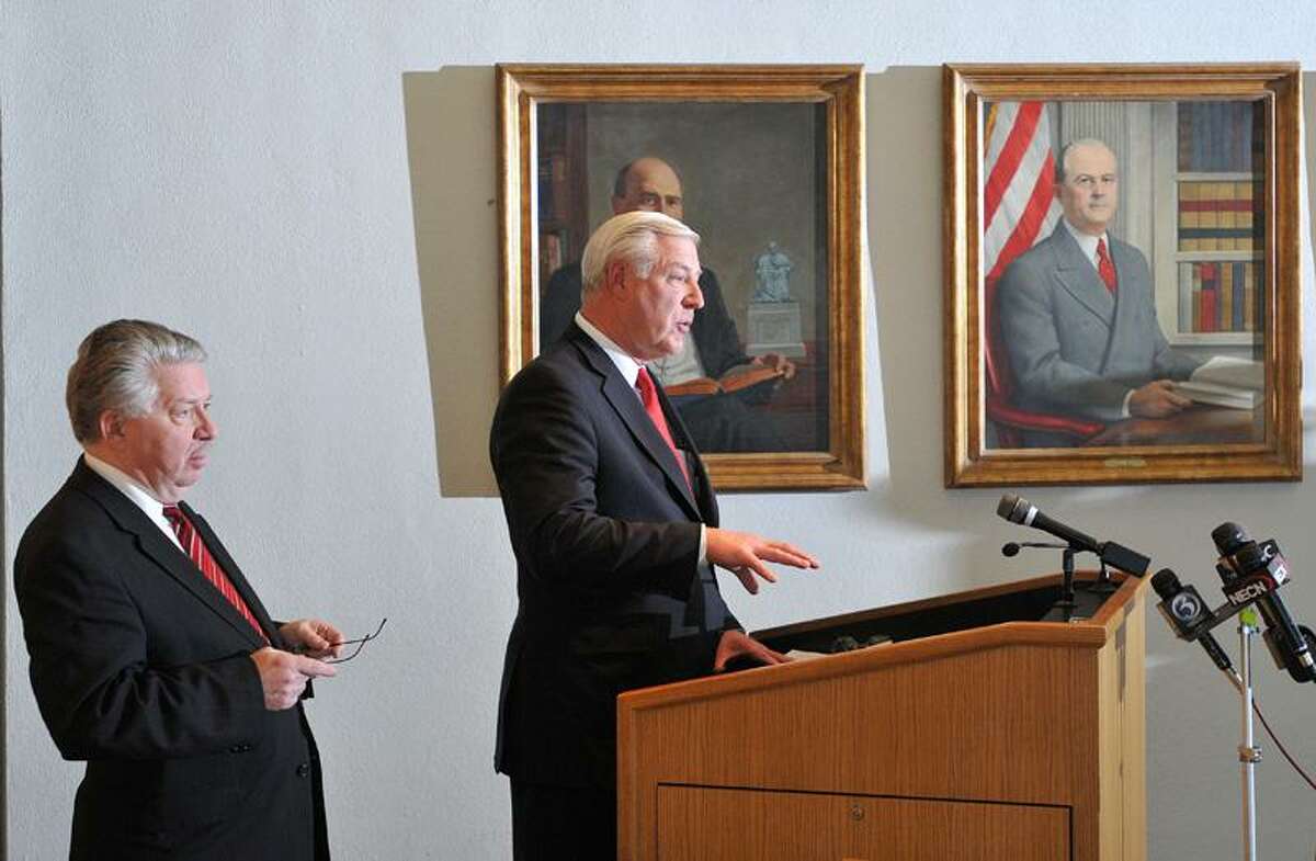 New Haven-- Doug MacDonald, right, Director of security of the Knights of Columbus and Patrick Korten, chief spokesman, respond to sexual allegations from two former youths in the Columbian Squires program. The Knights of Columbus called an immediate press conference following the announcement of a lawsuit against the organization. Photo by Peter Casolino/New Haven Register12/14/10 Cas101214