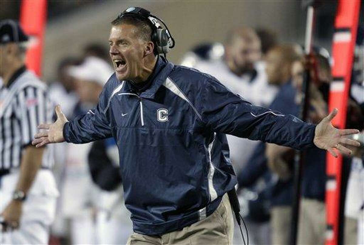Connecticut head coach Randy Edsall shouts at an official after his team was penalized during the first quarter of an NCAA college football game against South Florida, Saturday, Dec. 4, 2010, in Tampa, Fla. (AP Photo/Chris O'Meara)