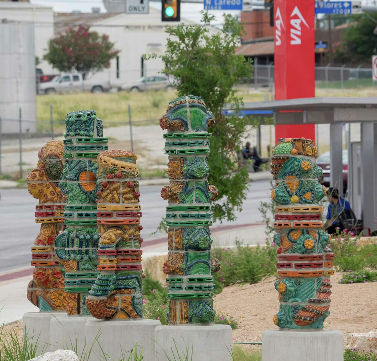 "The Guardians of Five Points," a new public art project by Diana Kersey, is located at the Five Points Transfer Area at 106 E. Fredericksburg Road.