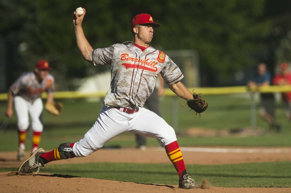 Berryhill Post 165's Logan Buczkowski pitches the ball during his team's game against Blissfield Post 325 on Friday, July 28, 2017 at Northwood University.