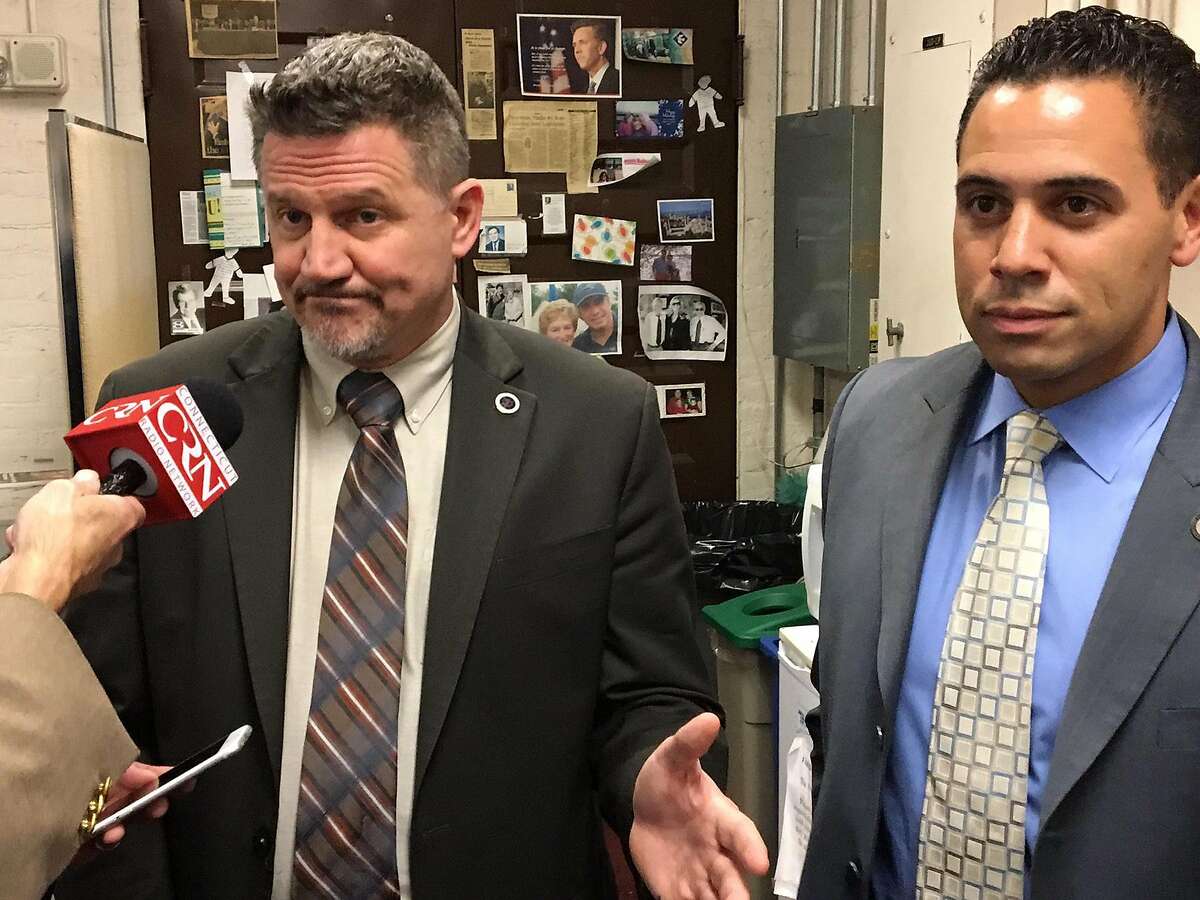 Kevin Brown, left, Mohegan tribal chairman and Rodney Butler, Mashantucket Pequot chairman talk about their latest proposal to try to win legislative approval of a third Connecticut casino, their joint venture, in East Windsor.