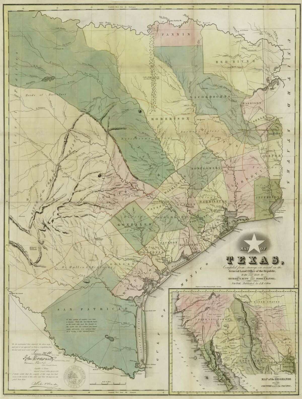 This 1839 map of Texas was made from surveys on file in the General Land Office of the Republic at the time and considered the most accurate of its kind, replacing an earlier map by Stephen F. Austin.