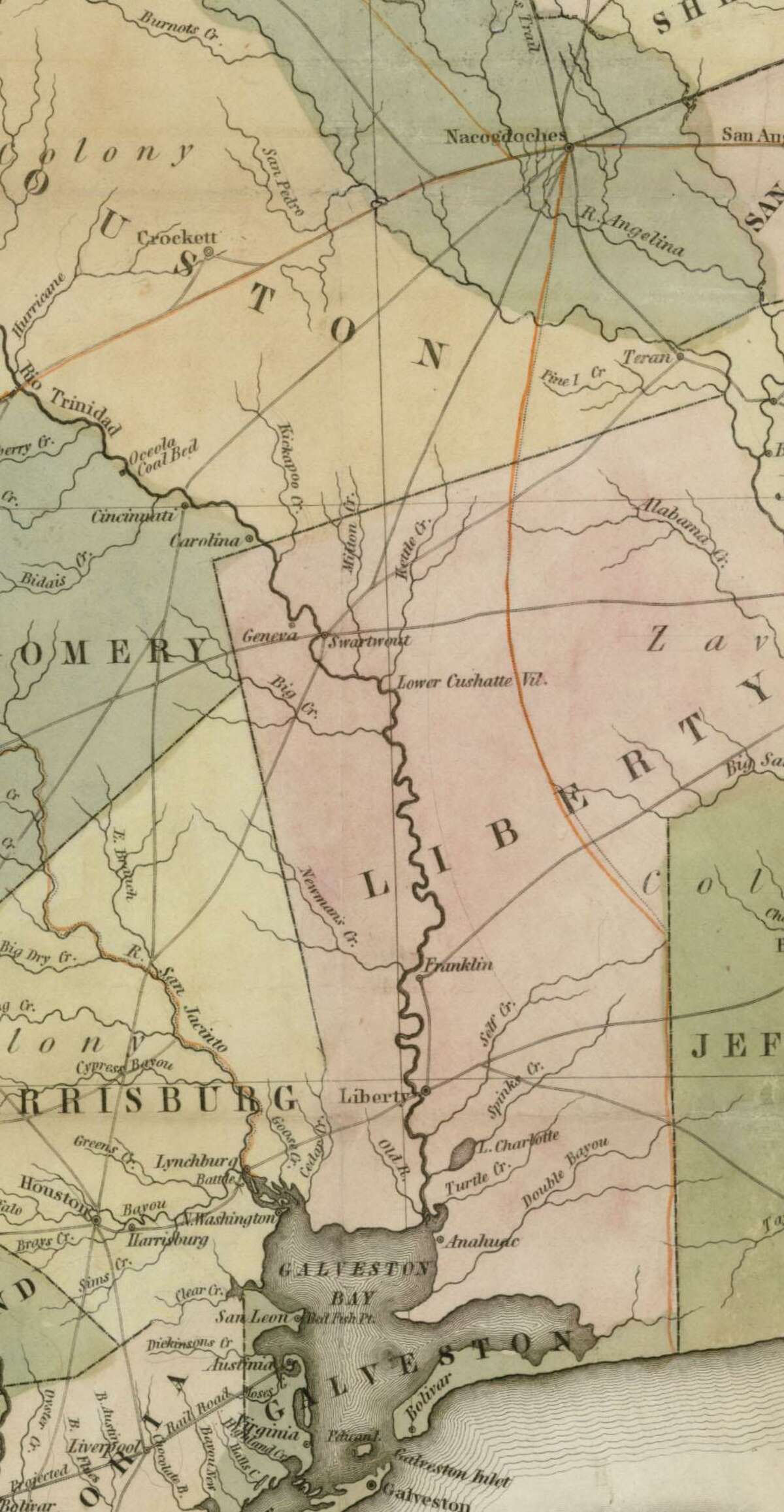 Houston and Nacogdoches are shown as major hubs of transportation in the 1839 Texas map.