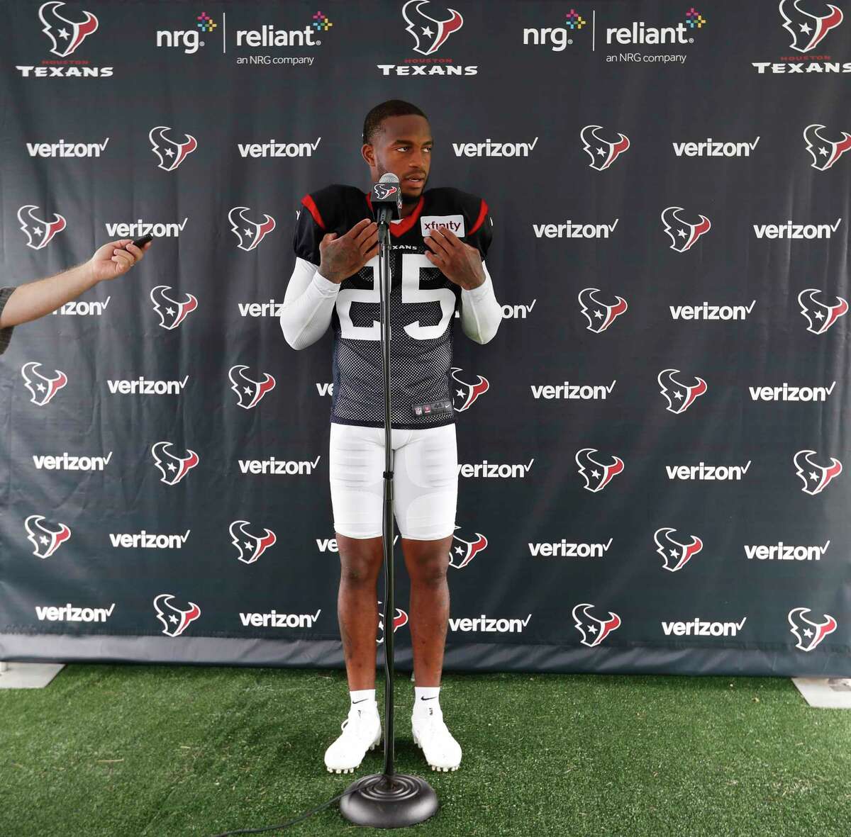 Houston Texans cornerback Kareem Jackson (25) stands in front of a microphone for a post-practice interview during training camp at the Greenbrier on Saturday, July 29, 2017, in White Sulphur Springs, W.Va.