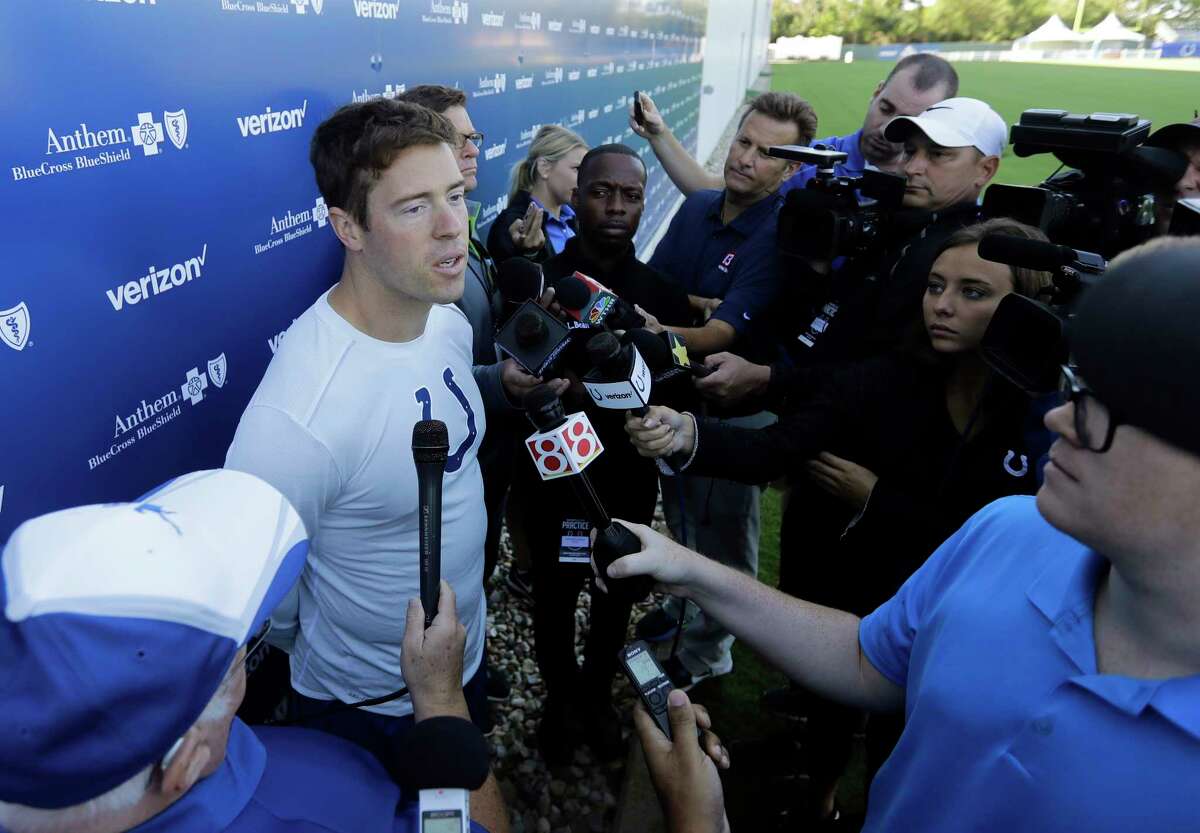 Indianapolis Colts' Scott Tolzien talks with media after arriving for NFL football training camp, Saturday, July 29, 2017, in Indianapolis. (AP Photo/Darron Cummings)